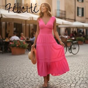 Felicite Gauze Smocked Sleeveless Midi Dress Coverup Hot Neon Pink Size 2